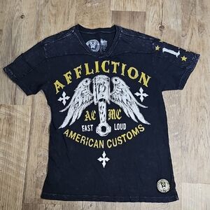 Affliction Black Tee with White and Yellow Graphics
